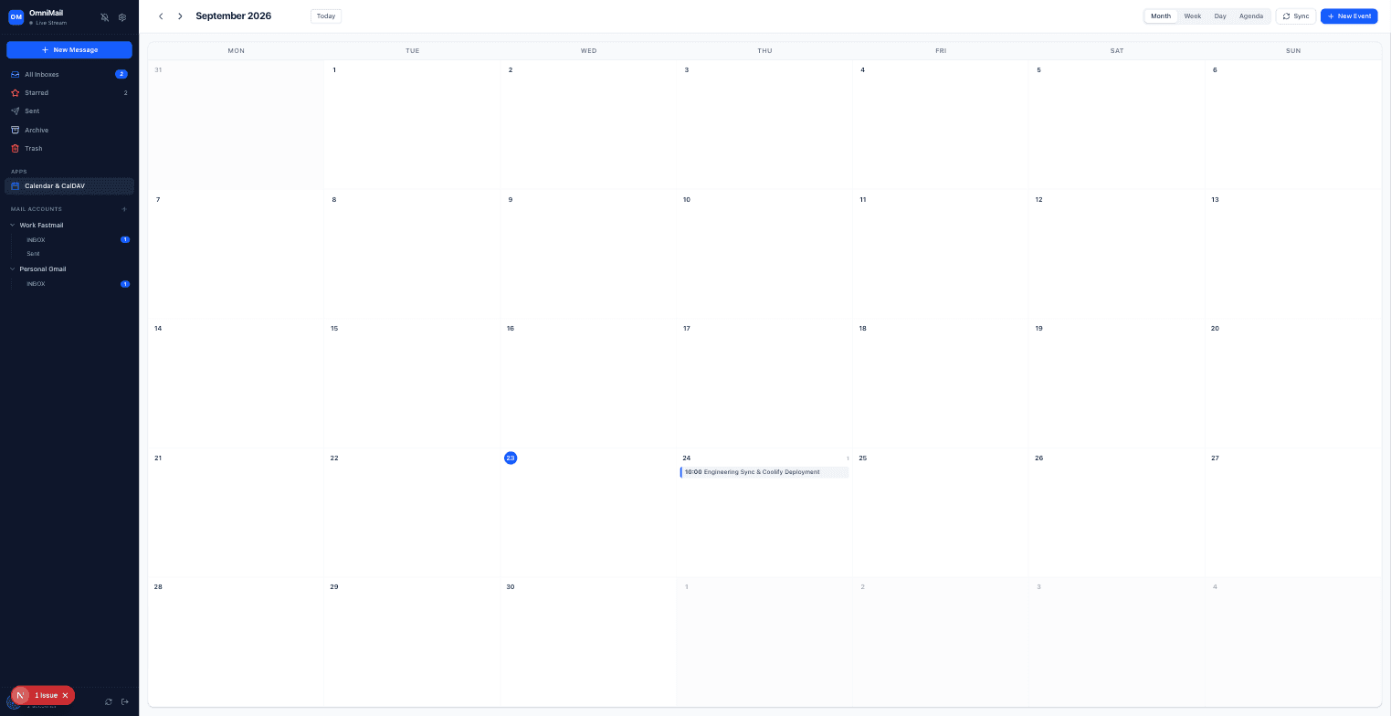 OmniMail calendar view showing a synced CalDAV event