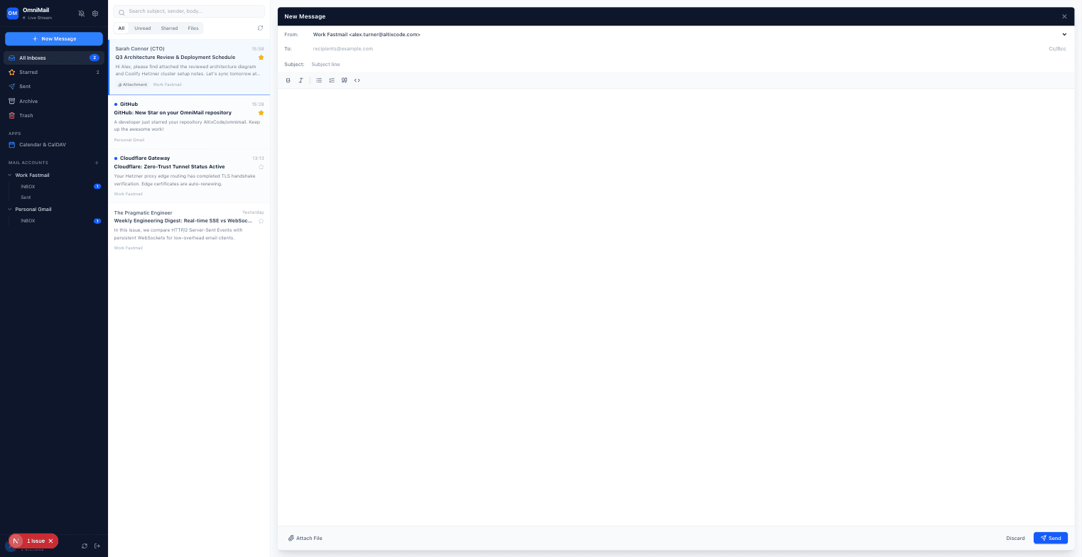 OmniMail compose window with the TipTap rich text editor