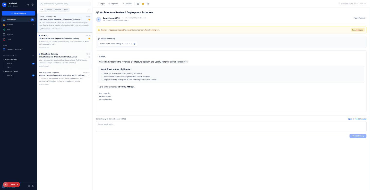 OmniMail unified inbox with multiple connected accounts and an open thread