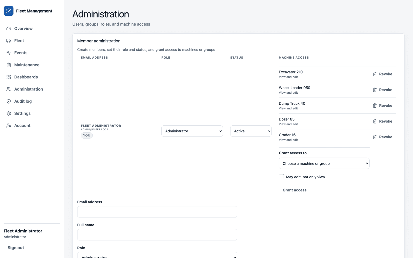 Member administration with roles, status and machine grants