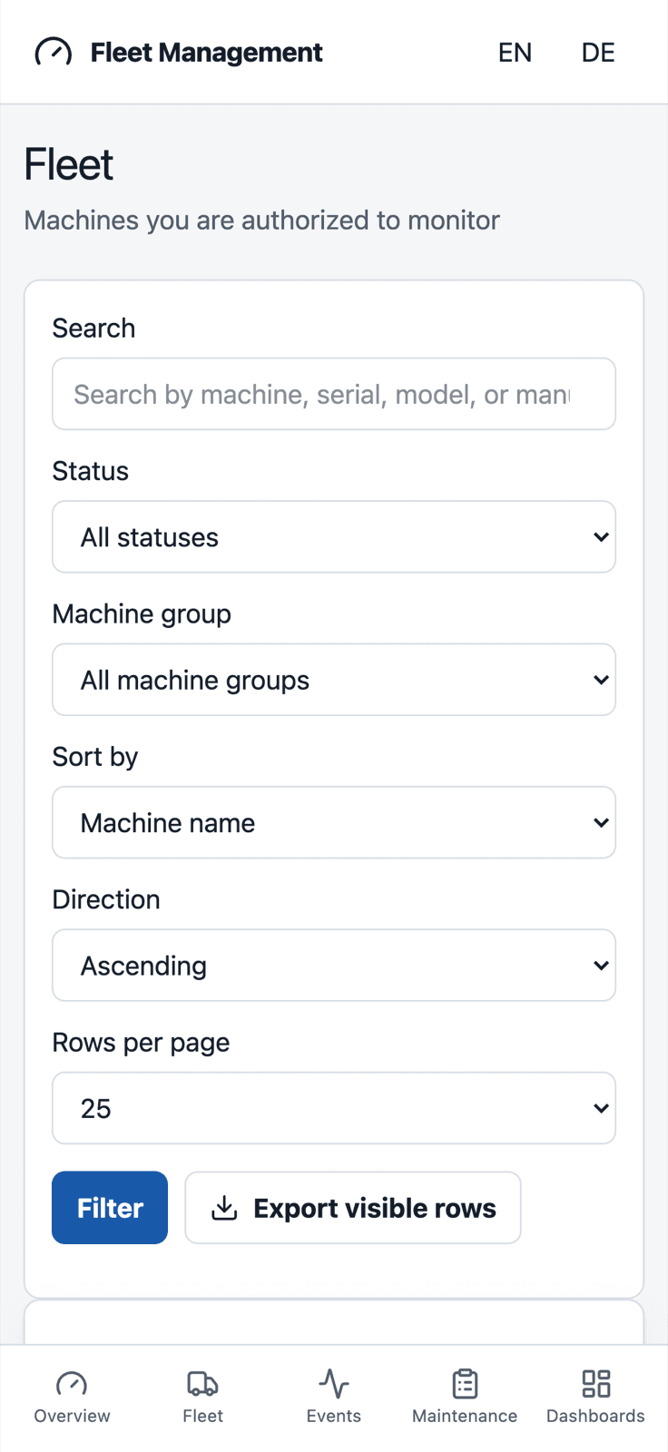 Fleet list on a phone