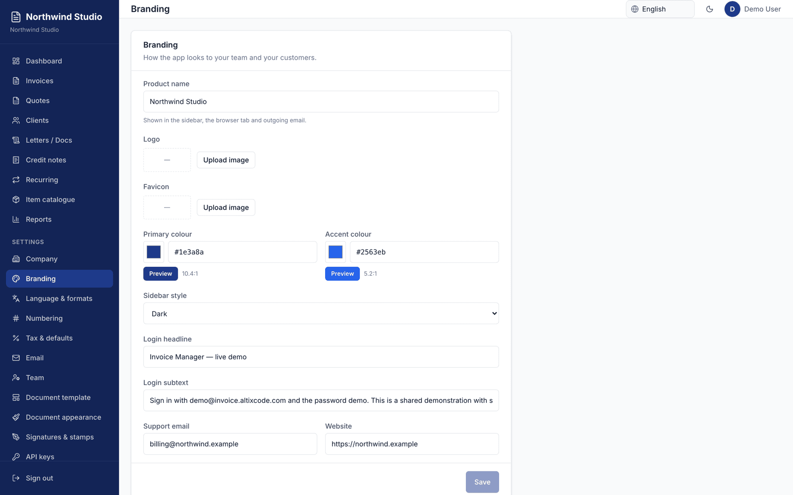 Branding settings