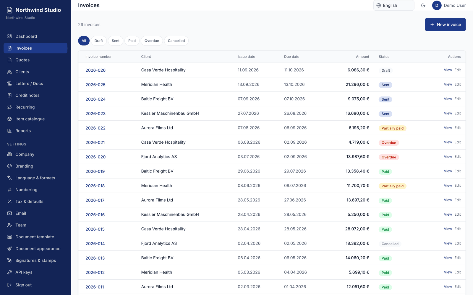 Invoice list with statuses and totals